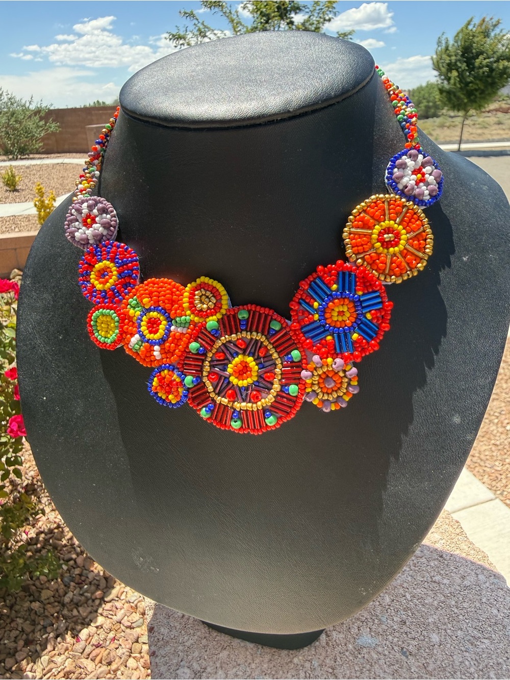 Handmade Boho Multi-Color Beaded Statement Collar Necklace - Vibrant Tribal